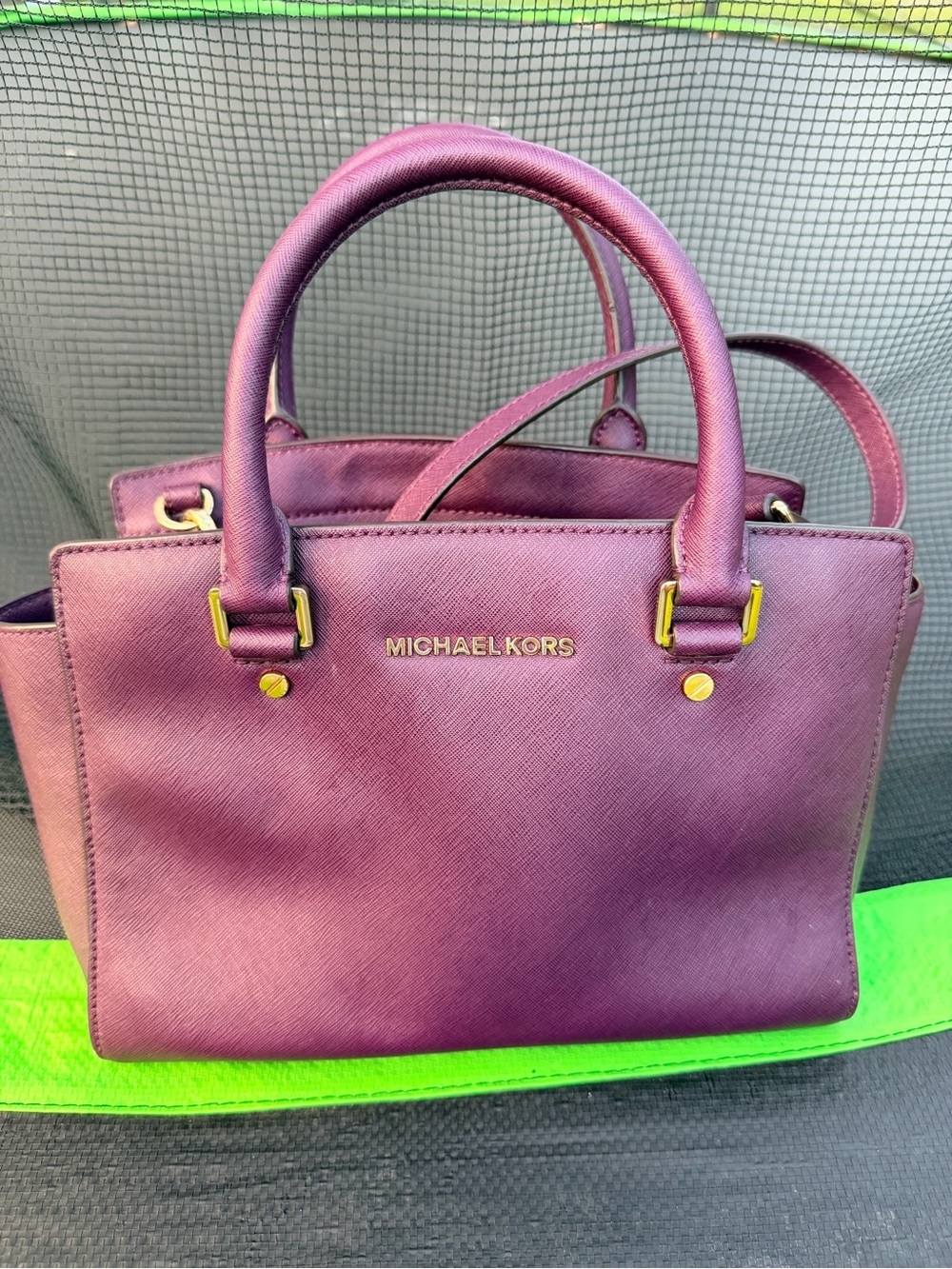 MICHAEL KORS Plum Saffiano Leather Satchel with Gold Hardware